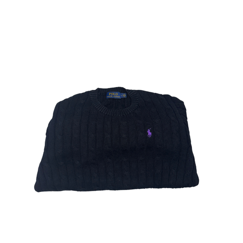 Polo Ralph Lauren Cable Knit Sweater Black Purple Pony Size L