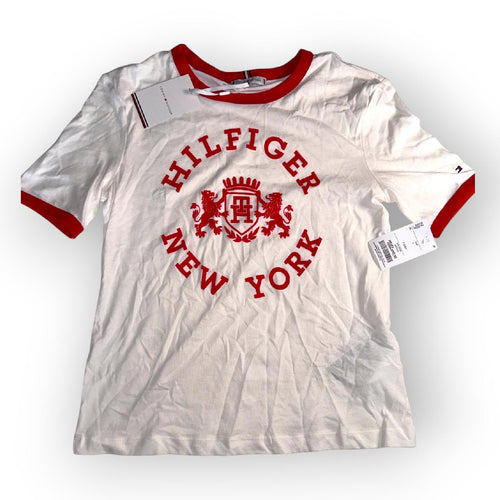 Tommy Hilfiger T-Shirt White Red Logo New York Crest Size S New