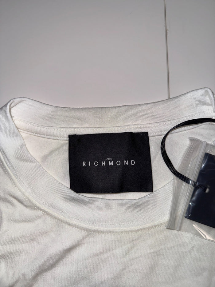 John Richmond T-Shirt White Logo Graphic Cotton Stretch Size M New