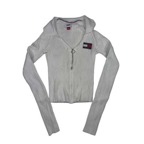 Tommy Jeans Vintage Y2K Ribbed Zip Knit Top Size M White