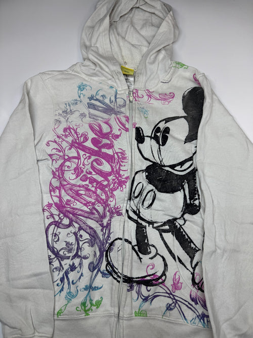 Disney Mickey Mouse Full Zip Hoodie Y2K White Graphic Size S
