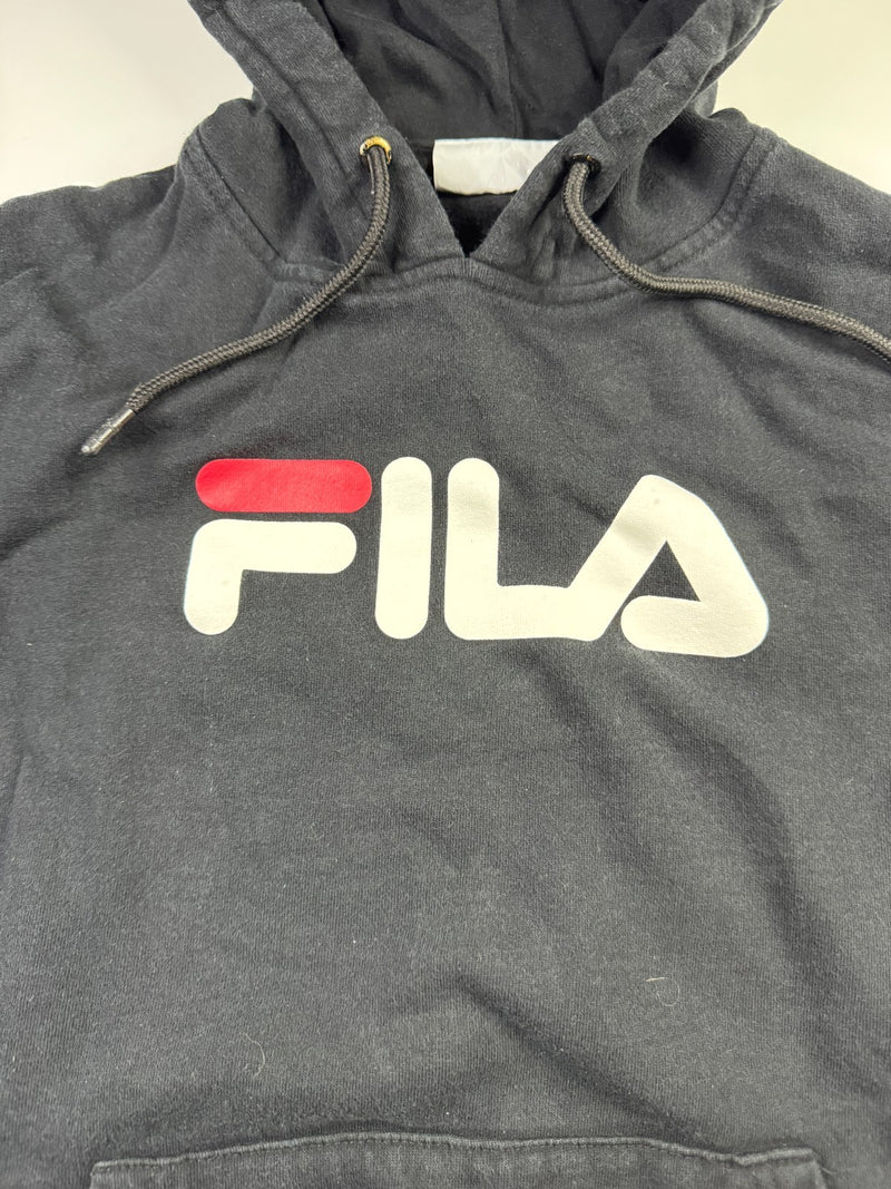 FILA Vintage Y2K Hoodie Black Pullover Sweatshirt Spellout Logo XS
