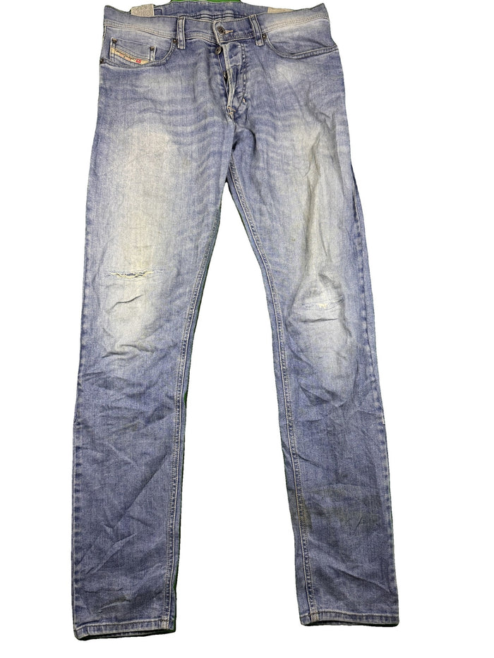 Diesel men jeans light blue straight streetwear distressed knee details Cotton Elastane