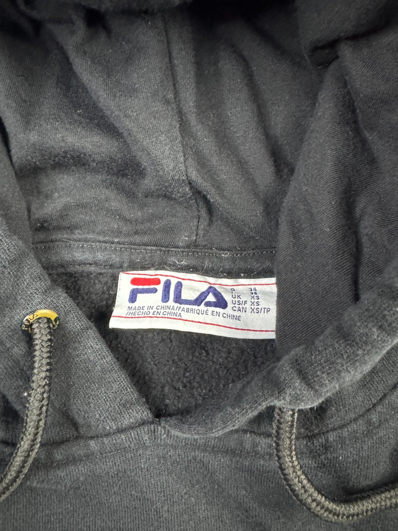 FILA Vintage Y2K Hoodie Black Pullover Sweatshirt Spellout Logo XS