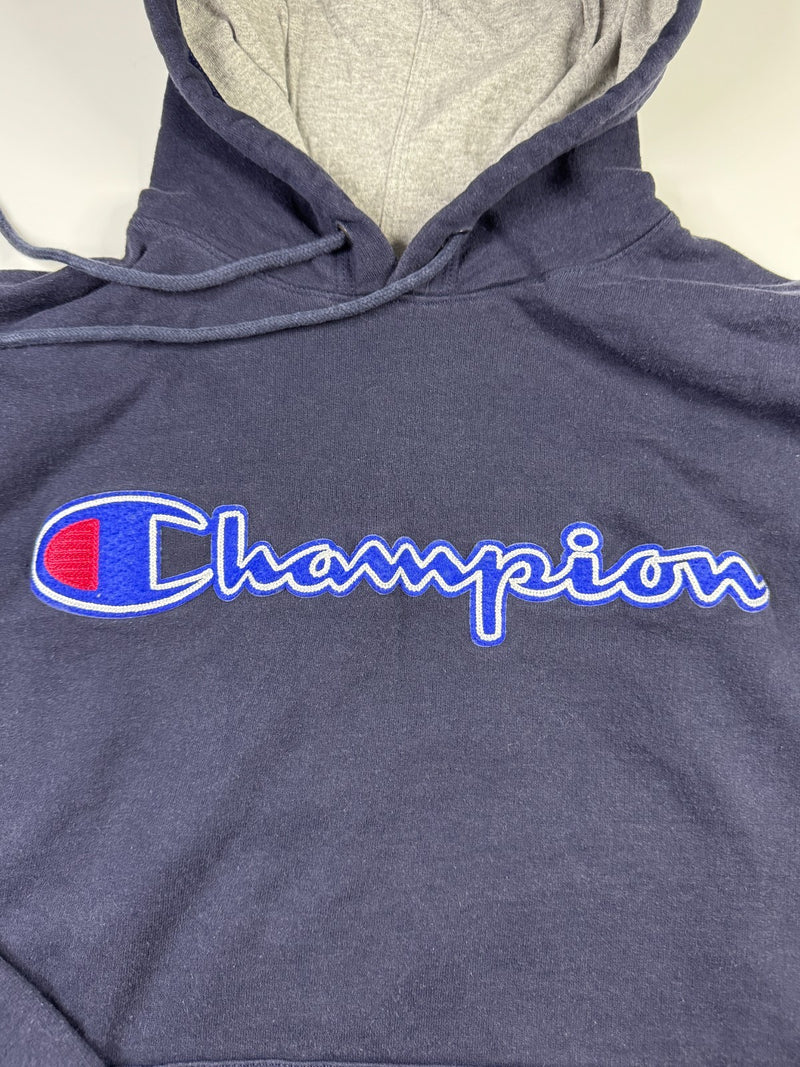 Champion Vintage Y2K Hoodie Navy Blue Spellout Logo Pullover Streetwear S