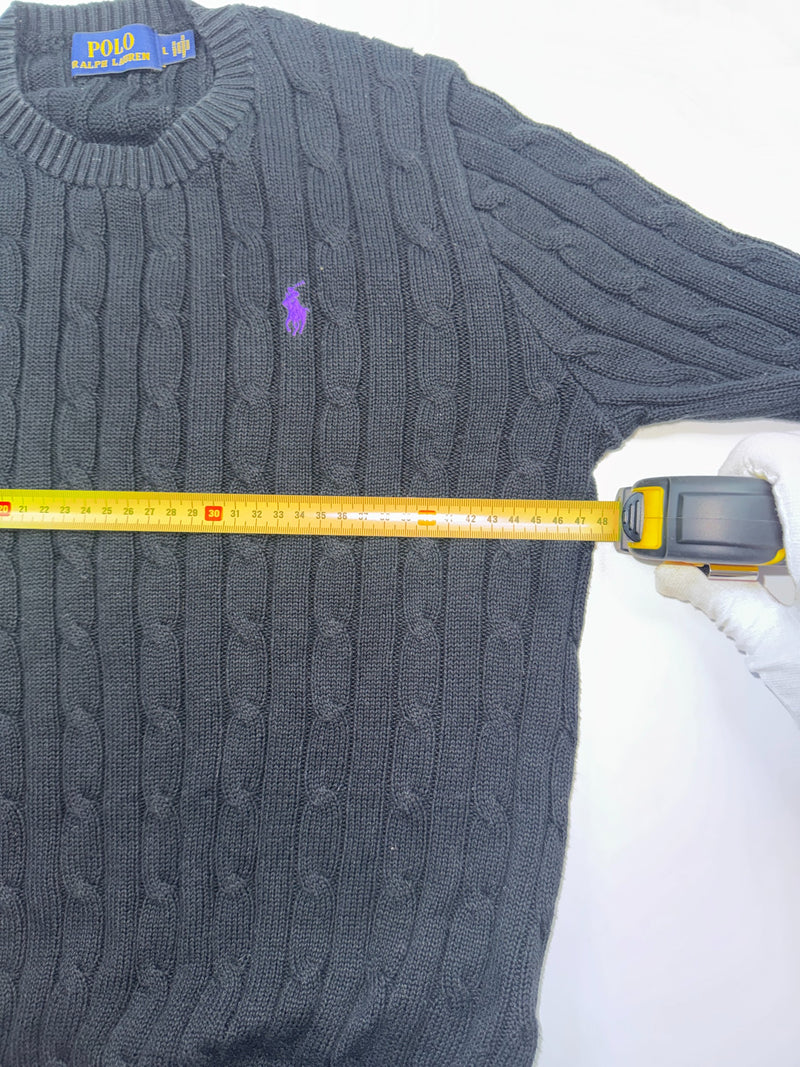 Polo Ralph Lauren Cable Knit Sweater Black Purple Pony Size L