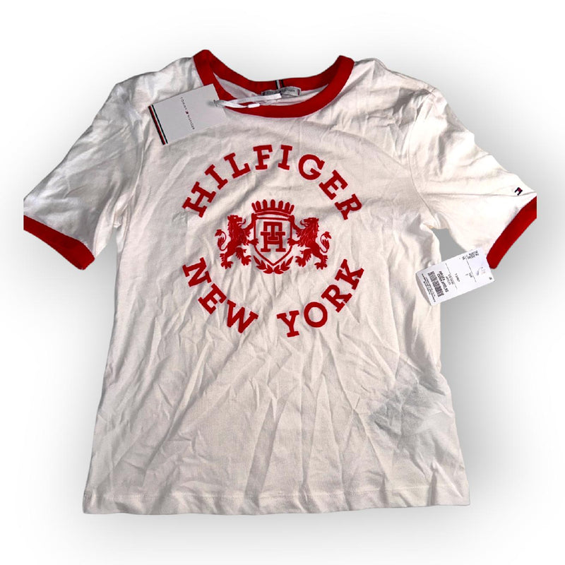 Tommy Hilfiger T-Shirt White Red Logo New York Crest Size S New