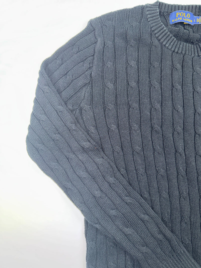 Polo Ralph Lauren Cable Knit Sweater Black Purple Pony Size L