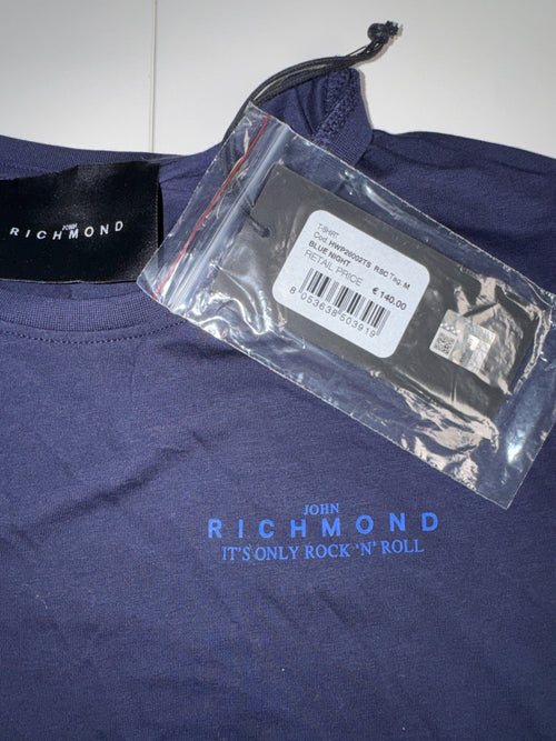 John Richmond T-Shirt Blue Night Logo Graphic Cotton Stretch Size M New