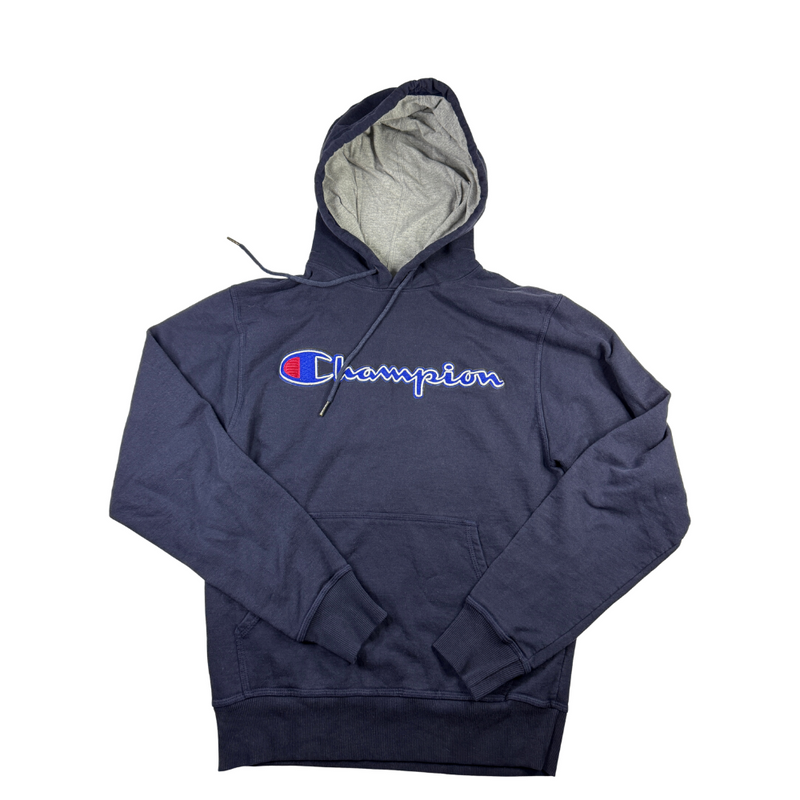 Champion Vintage Y2K Hoodie Navy Blue Spellout Logo Pullover Streetwear S