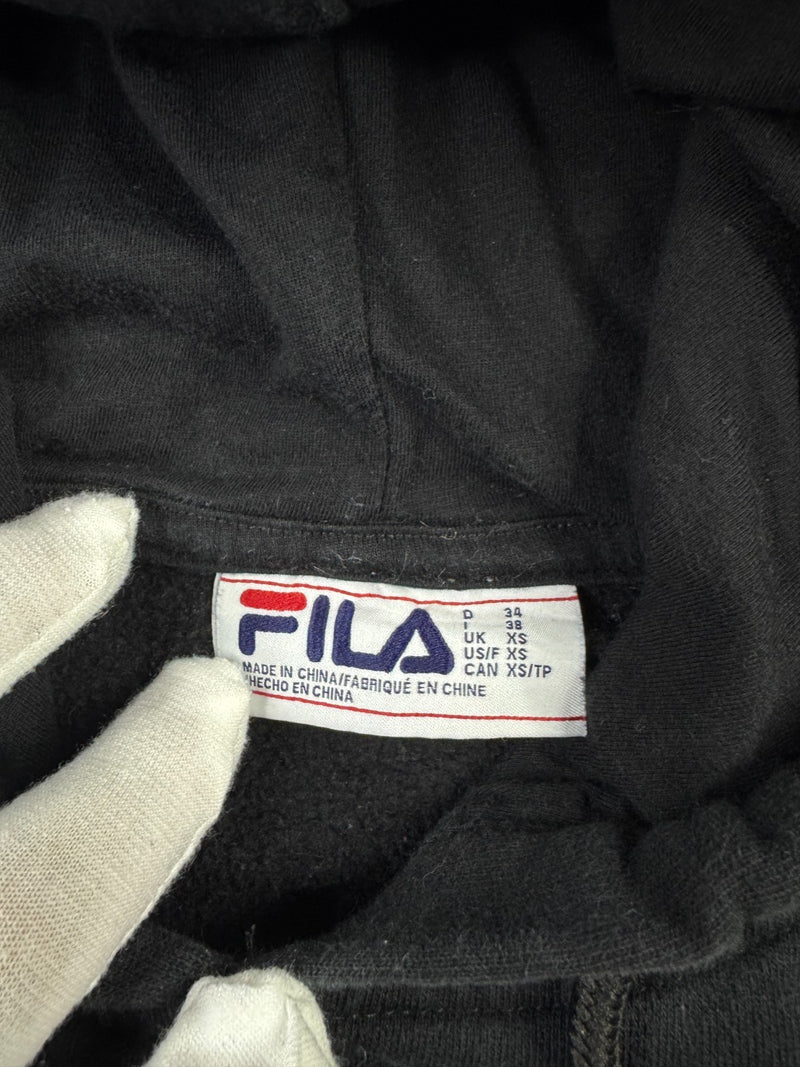 FILA Vintage Y2K Hoodie Black Pullover Sweatshirt Spellout Logo XS