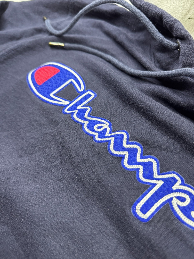 Champion Vintage Y2K Hoodie Navy Blue Spellout Logo Pullover Streetwear S