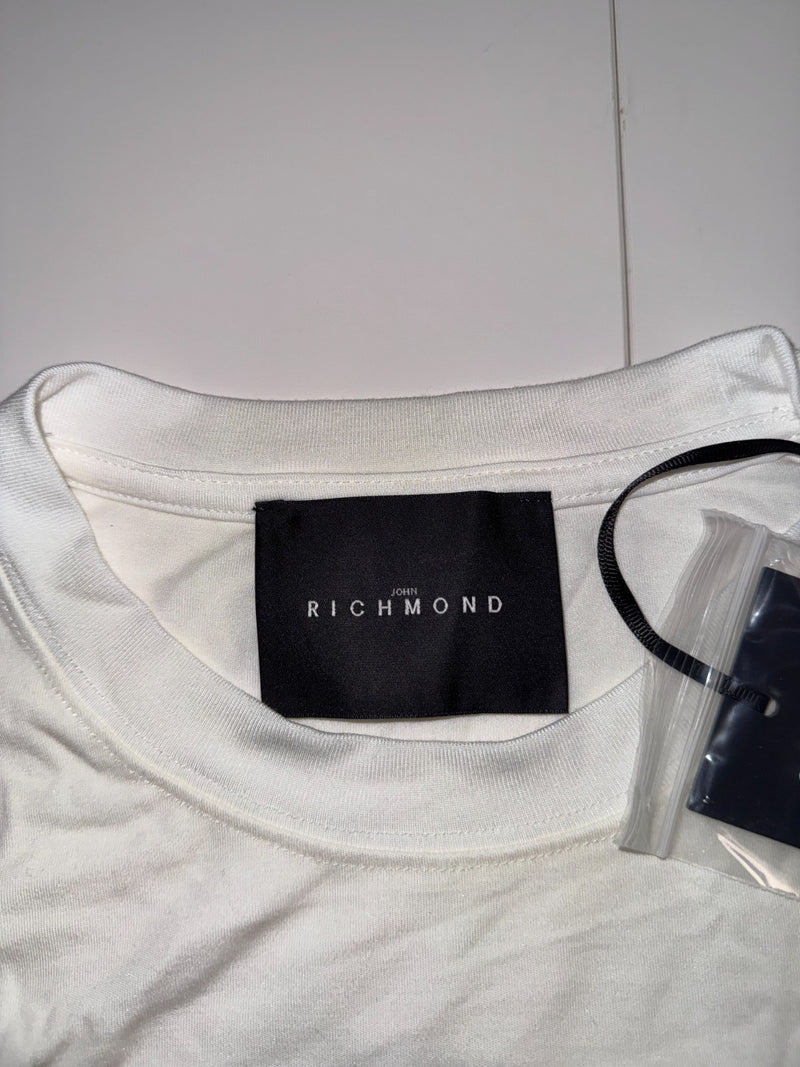 John Richmond T-Shirt White Logo Graphic Cotton Stretch Size M New