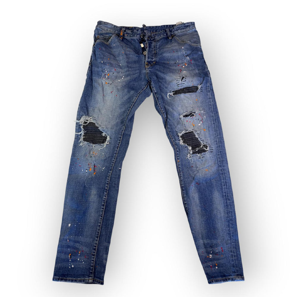 Dsquared2 Distressed Jeans Paint Splatter Biker Patch Y2K Blue Size 54 — 1