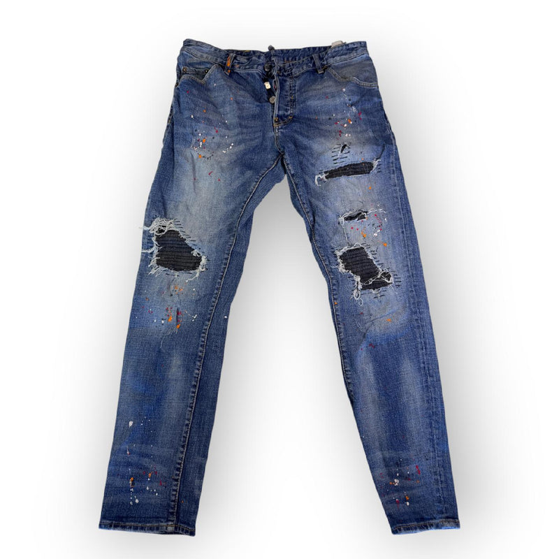 Dsquared2 Distressed Jeans Paint Splatter Biker Patch Y2K Blue Size 54