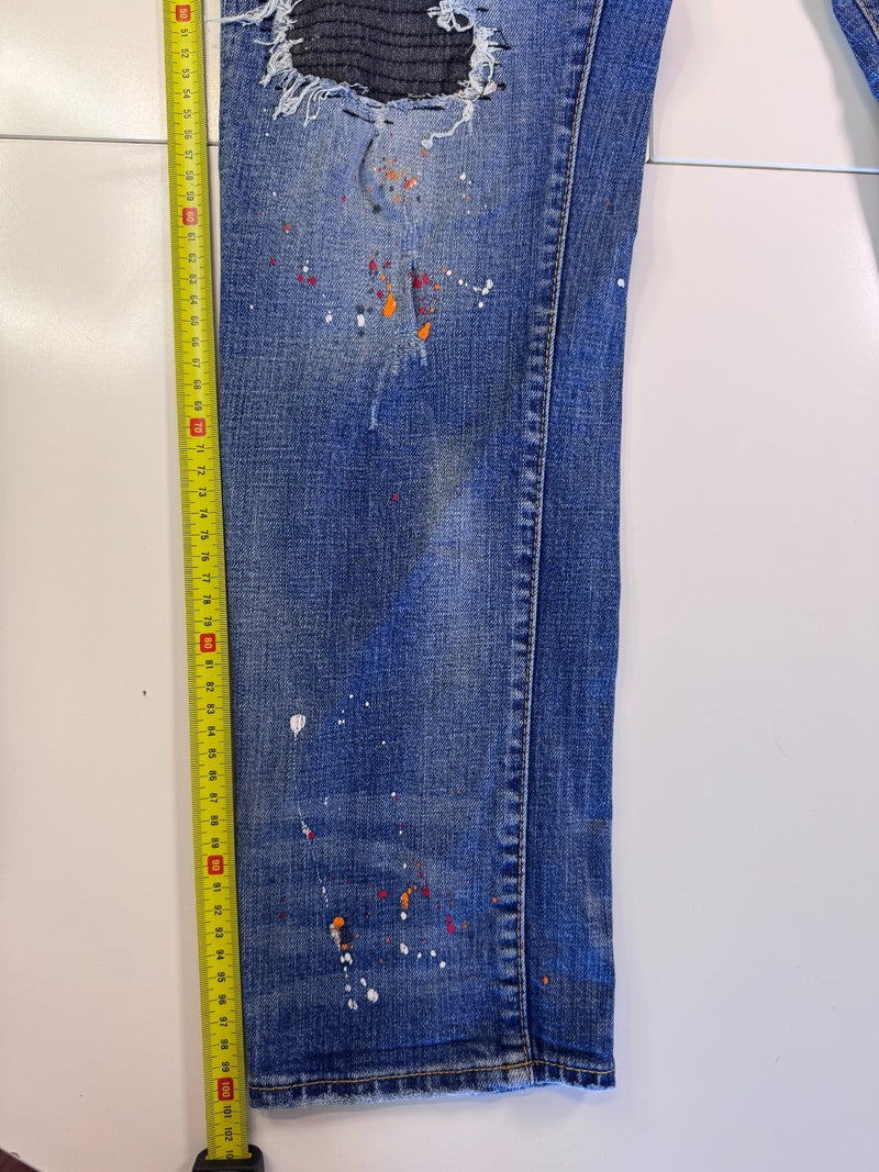 Dsquared2 Distressed Jeans Paint Splatter Biker Patch Y2K Blue Size 54