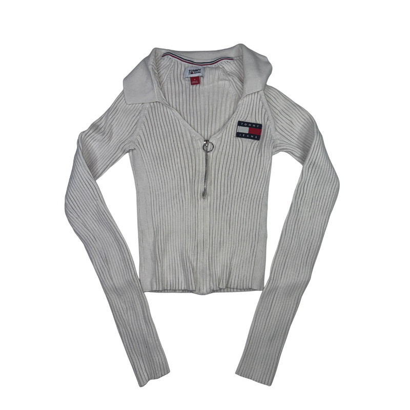 Tommy Jeans Vintage Y2K Ribbed Zip Knit Top Size M White
