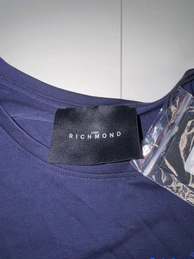 John Richmond T-Shirt Blue Night Logo Graphic Cotton Stretch Size M New