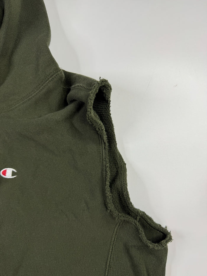 Champion Vintage Ärmelloser Hoodie Cut Off Olivgrün Größe M