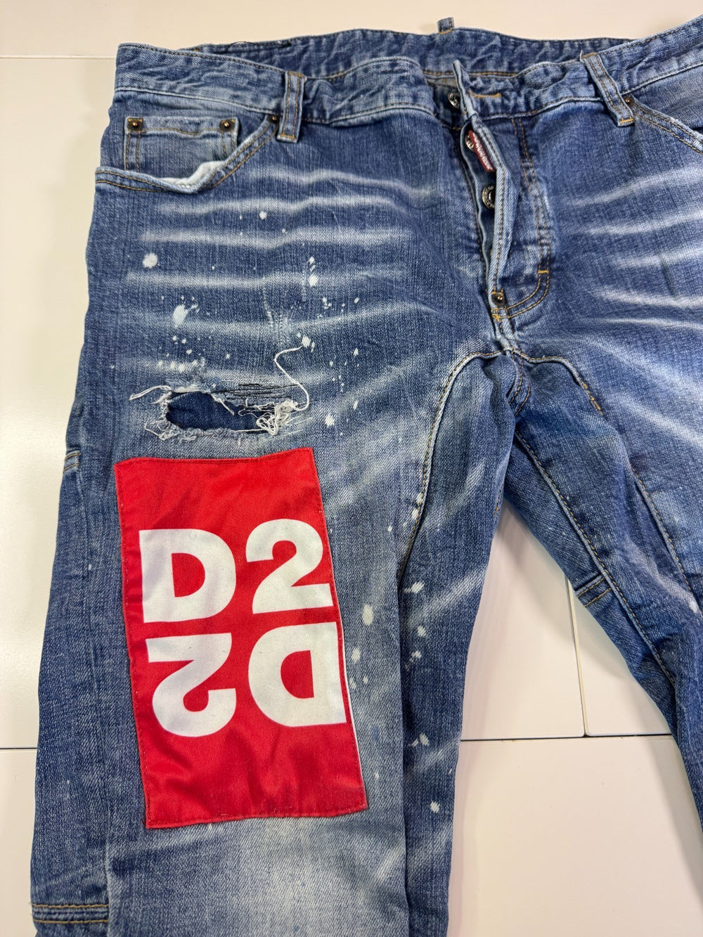 Dsquared2 Distressed Jeans Paint Splatter Y2K Slim Blue Size 54 — 2