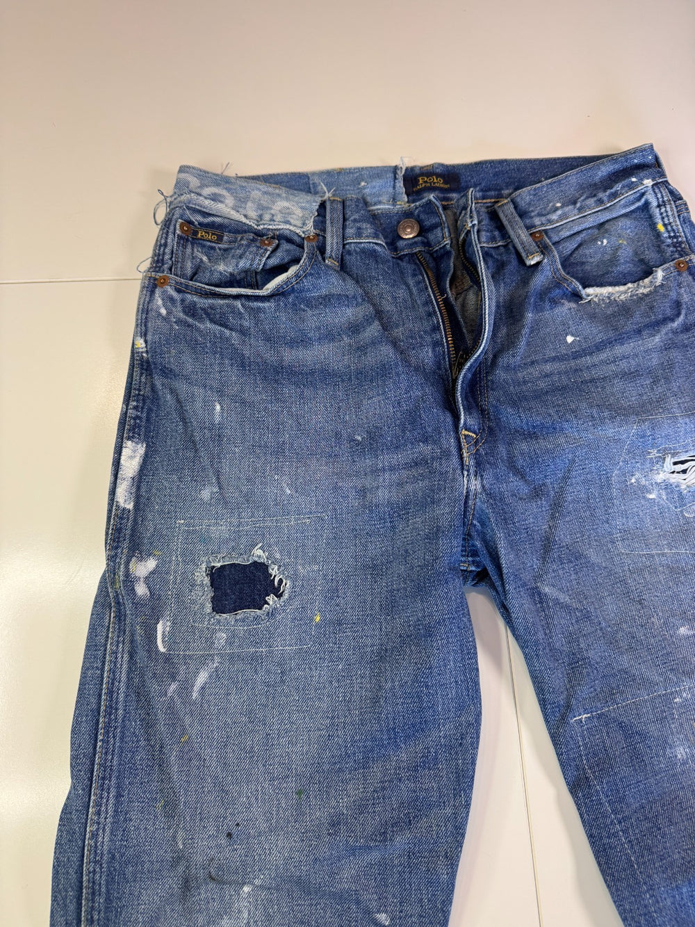 Polo Ralph Lauren Distressed Jeans Paint Splatter Repair Y2K Blue Size W34 — 3
