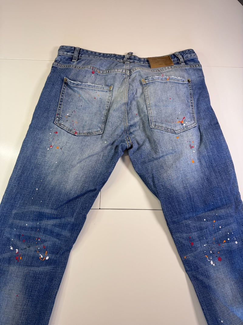 Dsquared2 Distressed Jeans Paint Splatter Biker Patch Y2K Blue Size 54