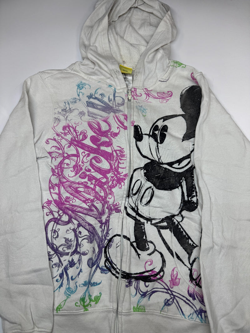 Disney Mickey Mouse Full Zip Hoodie Y2K White Graphic Size S