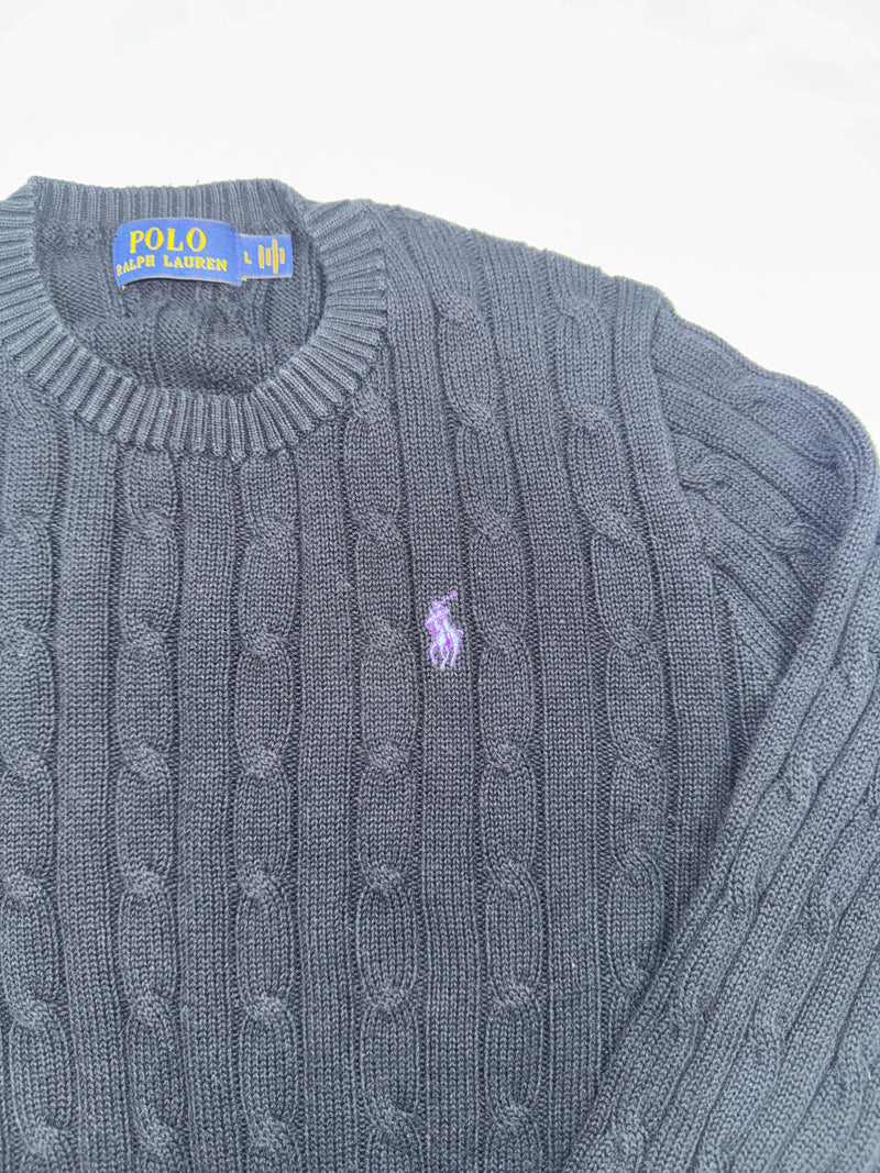 Polo Ralph Lauren Cable Knit Sweater Black Purple Pony Size L