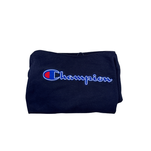 Champion Vintage Y2K Hoodie Navy Blue Spellout Logo Pullover Streetwear S