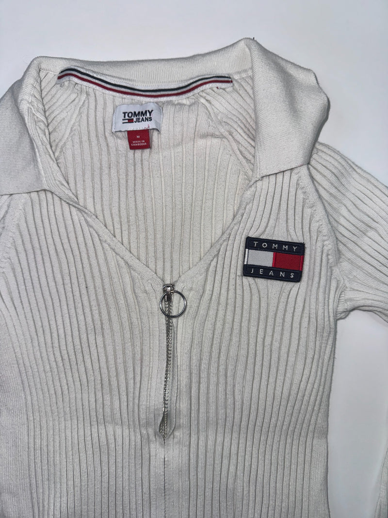 Tommy Jeans Vintage Y2K Ribbed Zip Knit Top Size M White