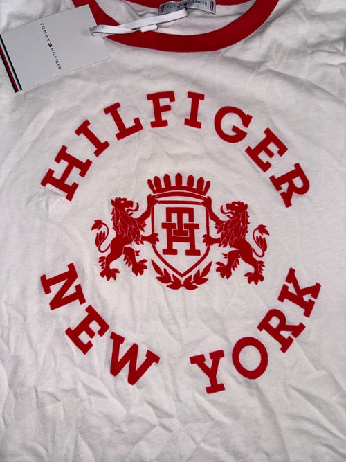 Tommy Hilfiger T-Shirt White Red Logo New York Crest Size S New