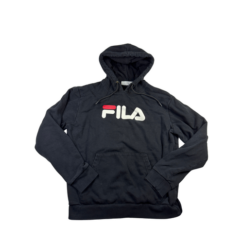 FILA Vintage Y2K Hoodie Black Pullover Sweatshirt Spellout Logo XS