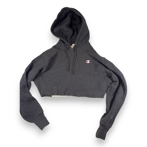 Champion Vintage Cropped Hoodie Y2K Grey Small Logo Size L