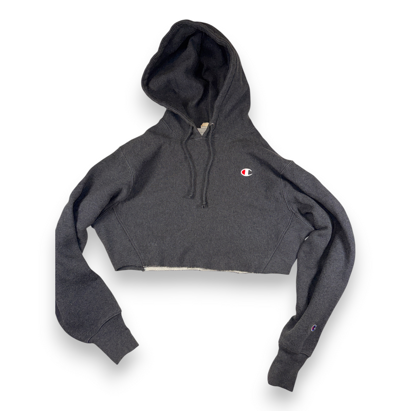 Champion Vintage Cropped Hoodie Y2K Grey Small Logo Size L