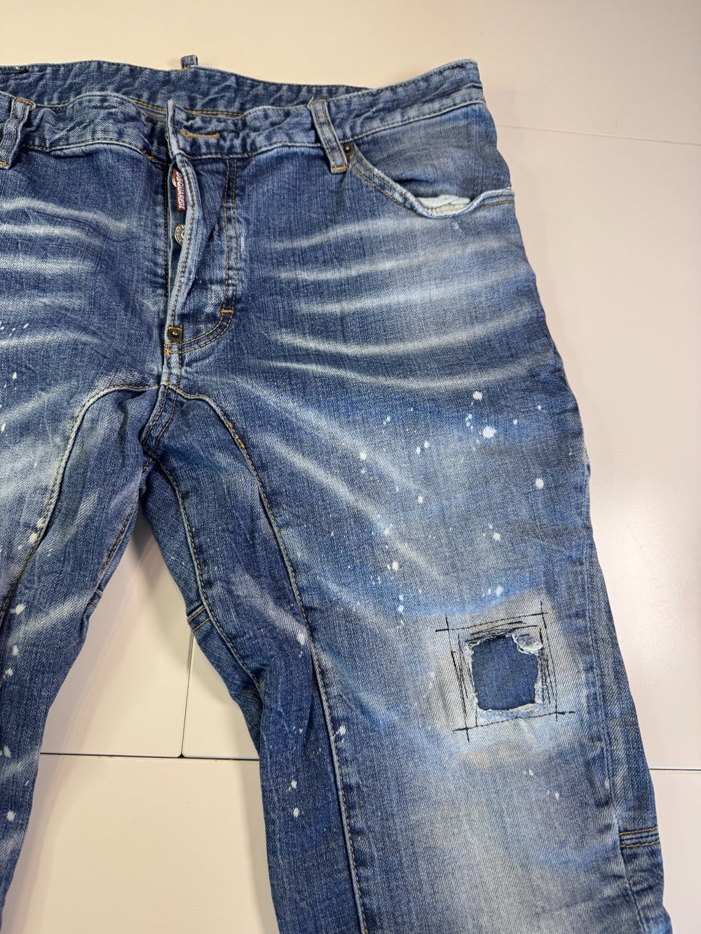 Dsquared2 Distressed Jeans Paint Splatter Y2K Slim Blue Size 54 — 3