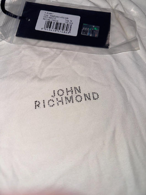 John Richmond T-Shirt White Logo Graphic Cotton Stretch Size M New