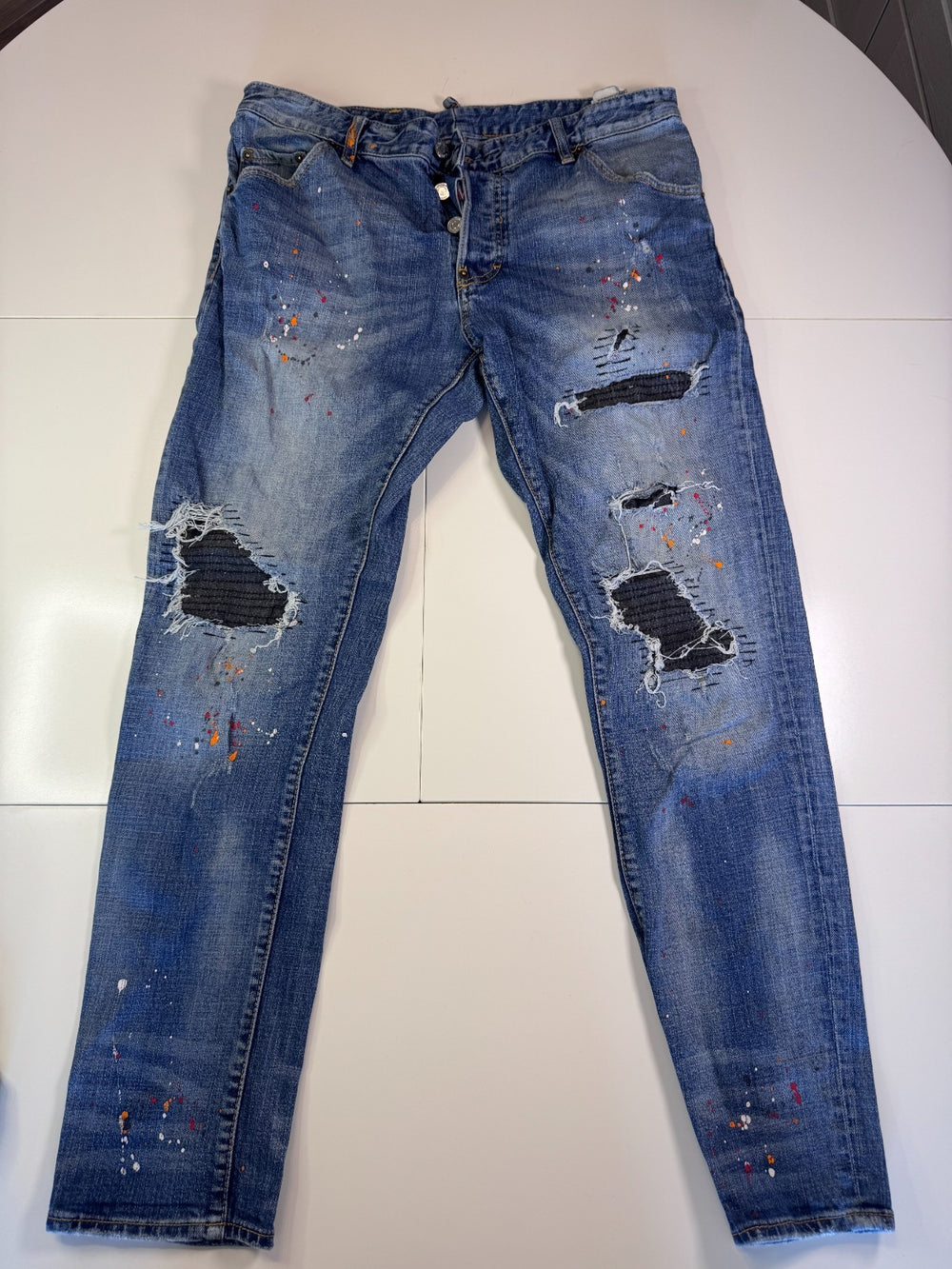 Dsquared2 Distressed Jeans Paint Splatter Biker Patch Y2K Blue Size 54 — 2