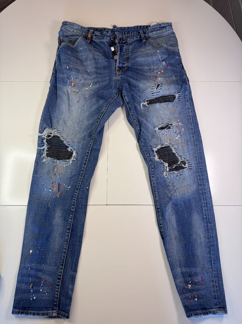 Dsquared2 Distressed Jeans Paint Splatter Biker Patch Y2K Blue Size 54