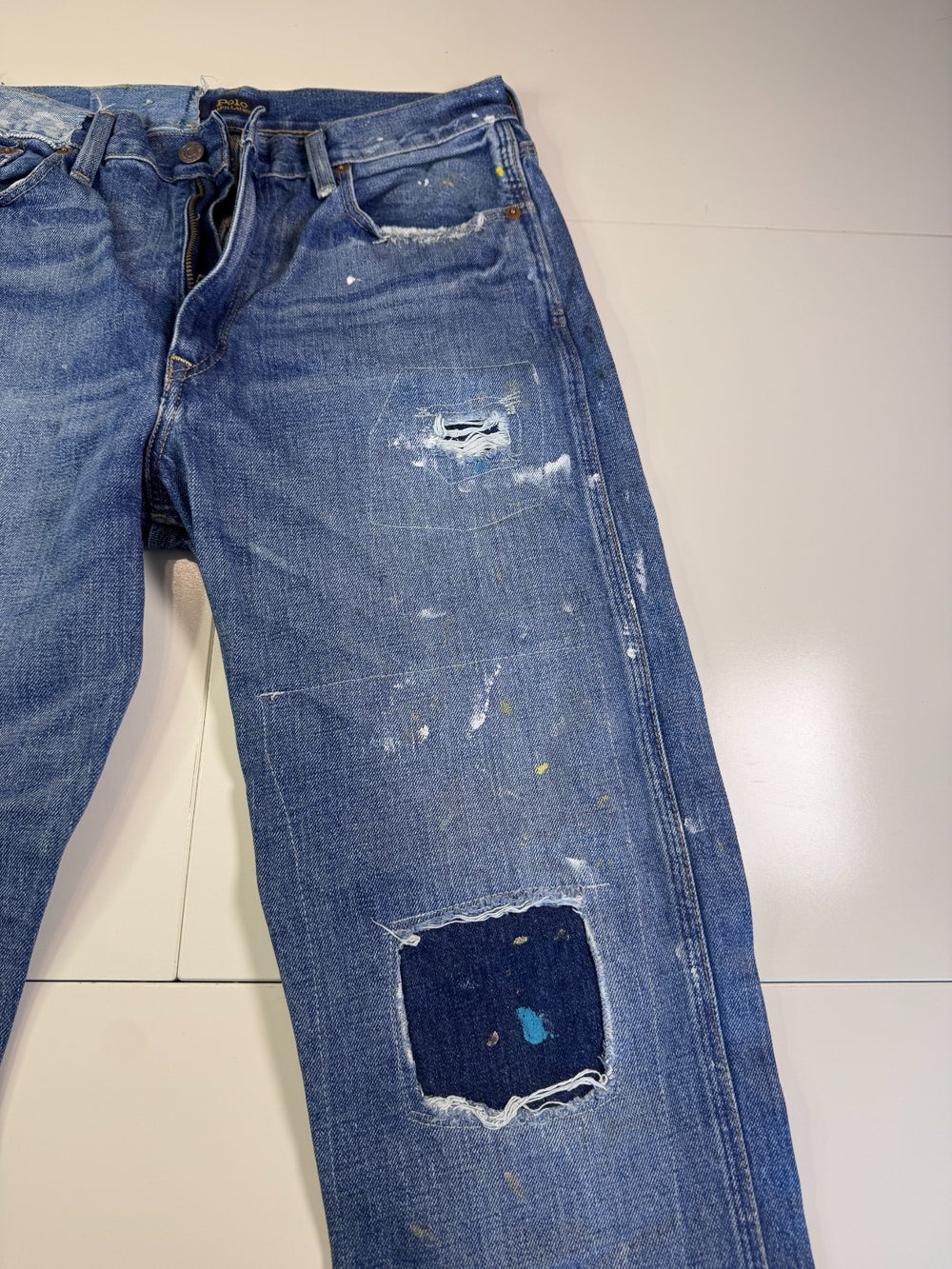 Polo Ralph Lauren Distressed Jeans Paint Splatter Repair Y2K Blue Size W34 — 2
