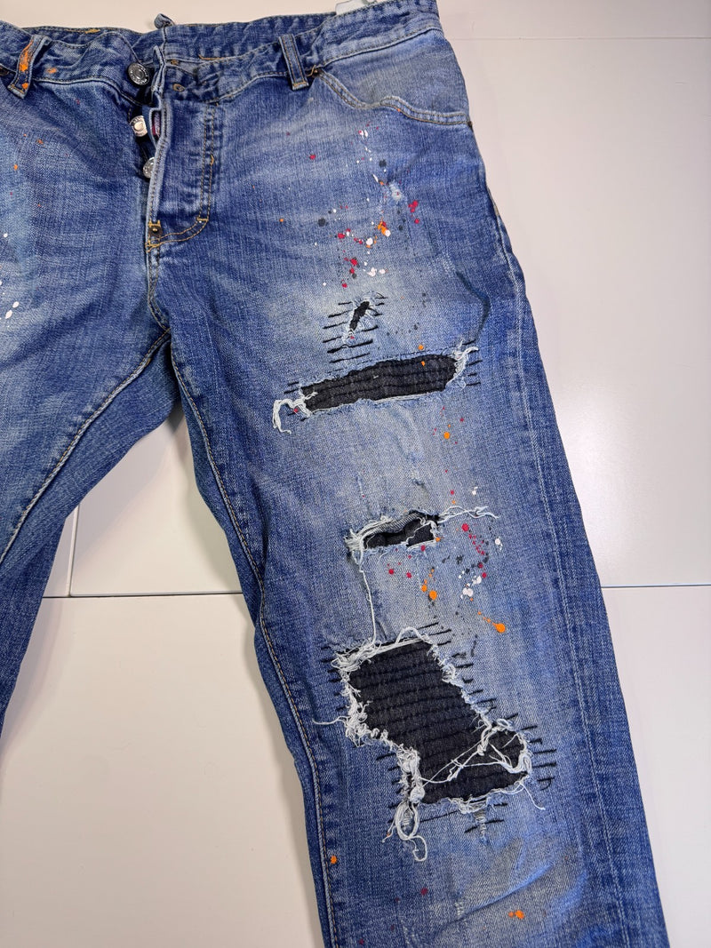 Dsquared2 Distressed Jeans Paint Splatter Biker Patch Y2K Blue Size 54