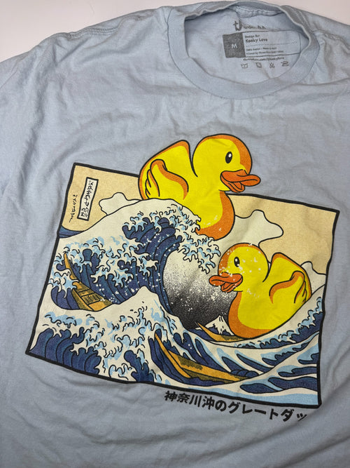 Kooky Love Great Wave Rubber Duck Graphic T-Shirt Size M Light Blue