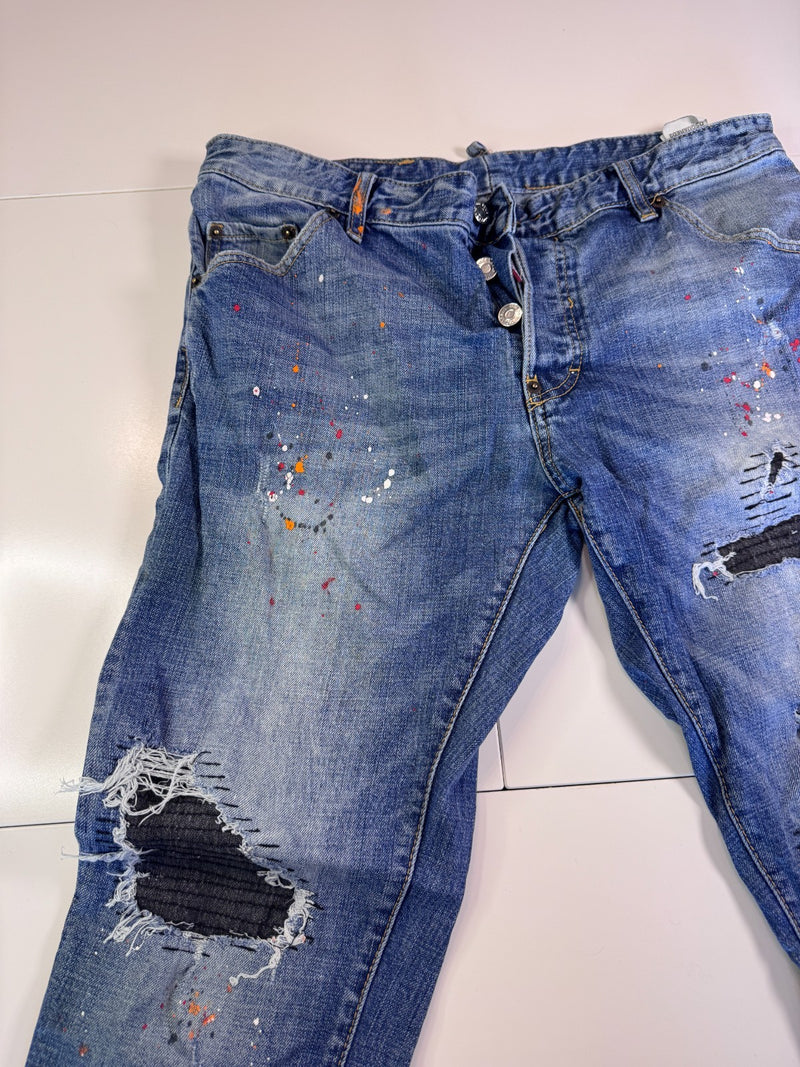 Dsquared2 Distressed Jeans Paint Splatter Biker Patch Y2K Blue Size 54